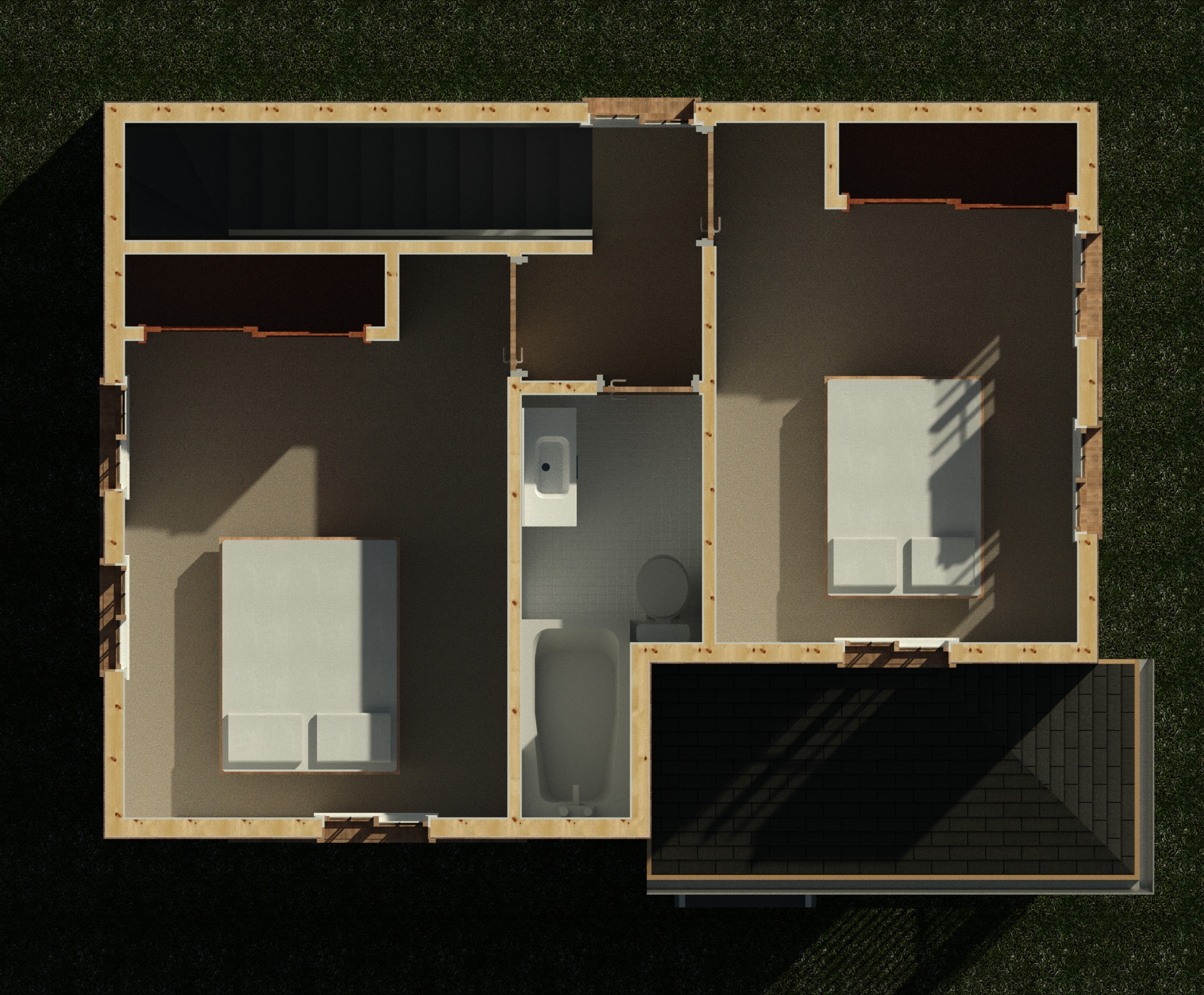 Second floor interior cutaway showing wall partitions and layout of a 1008 sq ft 2-bedroom 2-story California ADU plan