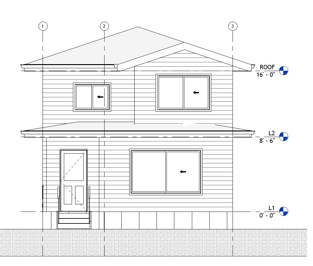 Front elevation drawing of a 1084 sq ft 2-bedroom 2-story California ADU plan