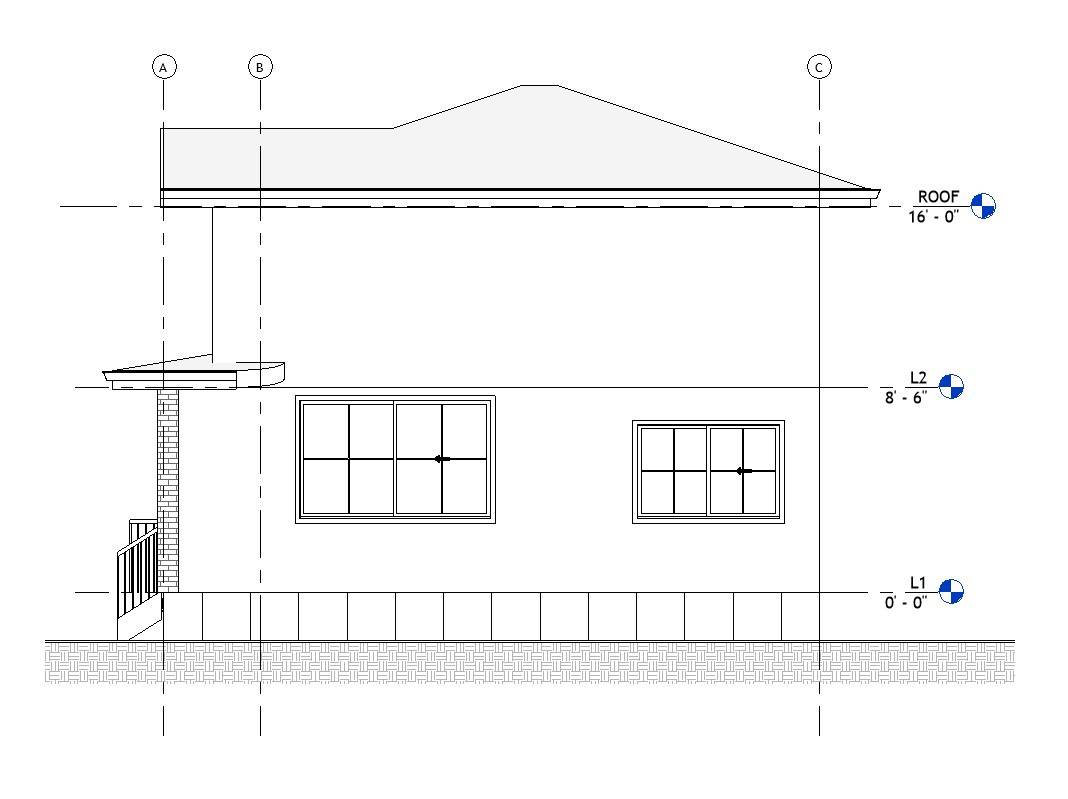 Left side elevation drawing of a 1084 sq ft 2-bedroom 2-story California ADU plan