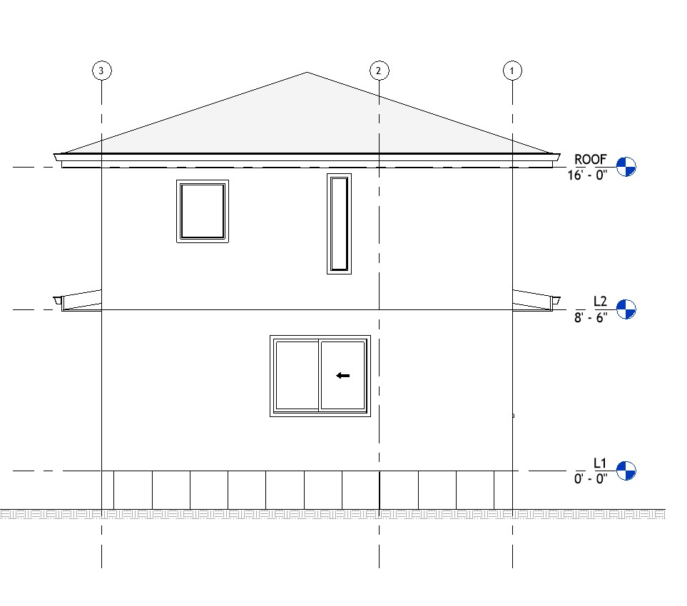 Rear elevation drawing of a 1084 sq ft 2-bedroom 2-story California ADU plan