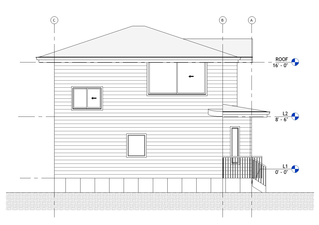 Right side elevation drawing of a 1084 sq ft 2-bedroom 2-story California ADU plan