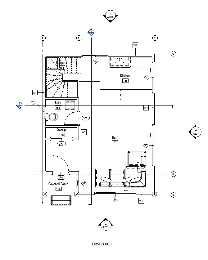 First floor plan of a 1084 sq ft 2-bedroom 2-story California ADU plan