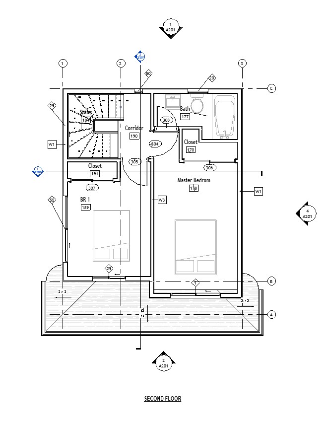 Second floor plan of a 1084 sq ft 2-bedroom 2-story California ADU plan