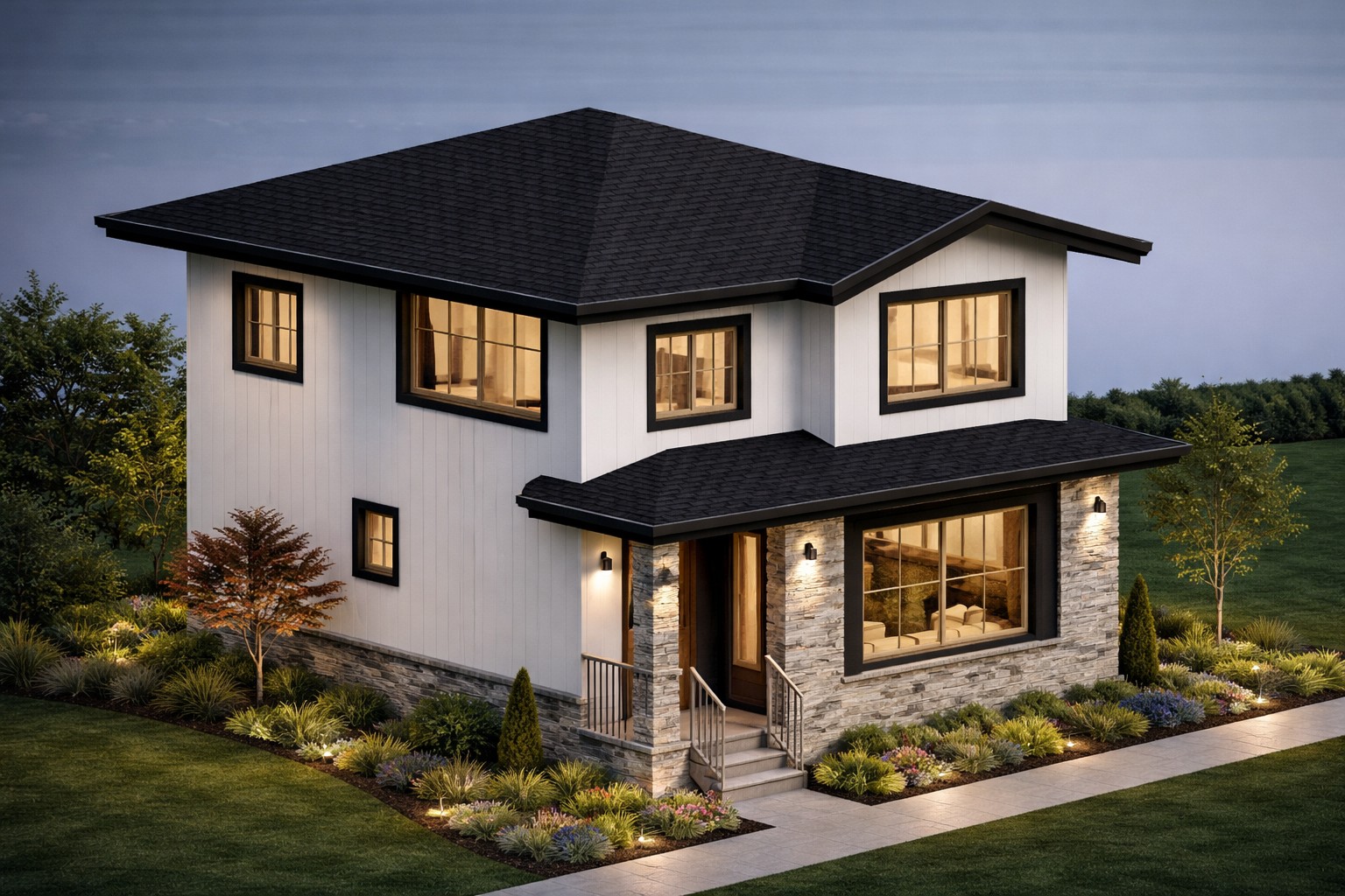 Front 3D isometric rendering of a 1084 sq ft 2-bedroom 2-story ADU plan in California
