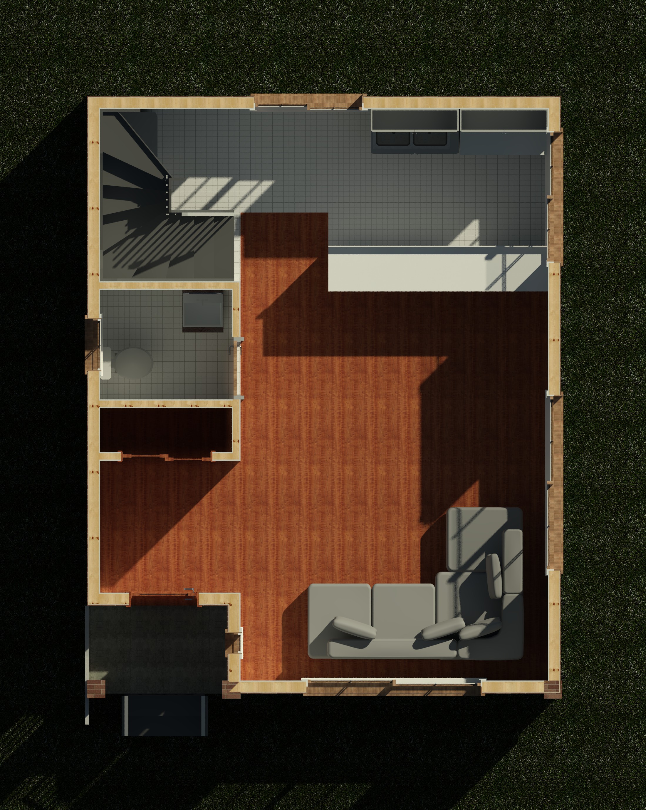 First floor interior cutaway showing wall partitions and layout of a 1084 sq ft 2-bedroom 2-story California ADU plan