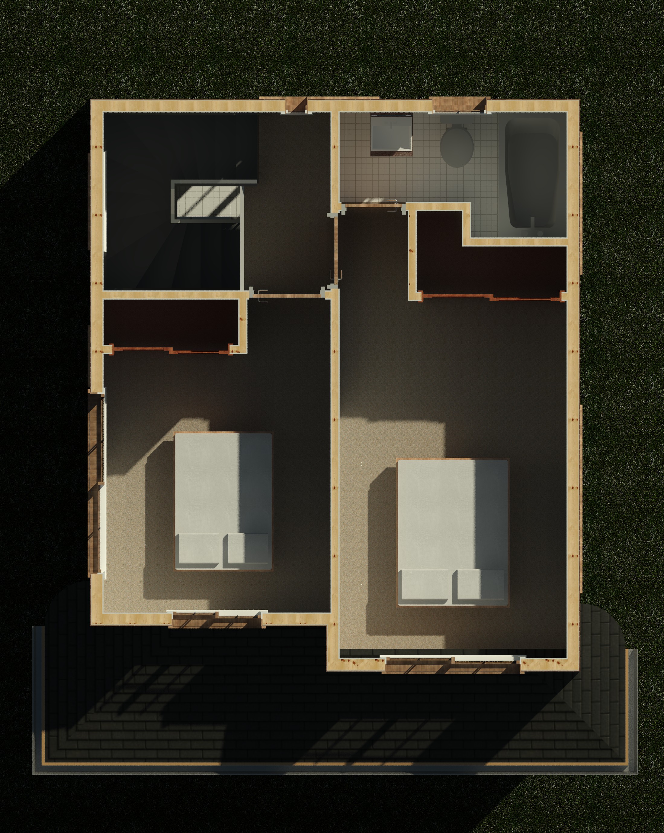 Second floor interior cutaway showing wall partitions and layout of a 1084 sq ft 2-bedroom 2-story California ADU plan