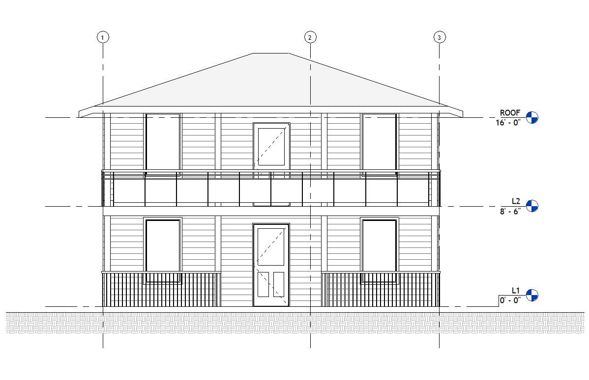 Front elevation drawing of a 1158 sq ft 2-bedroom 2-story California ADU plan