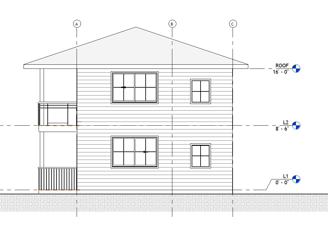 Left side elevation drawing of a 1158 sq ft 2-bedroom 2-story California ADU plan