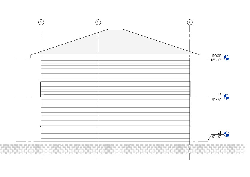 Rear elevation drawing of a 1158 sq ft 2-bedroom 2-story California ADU plan