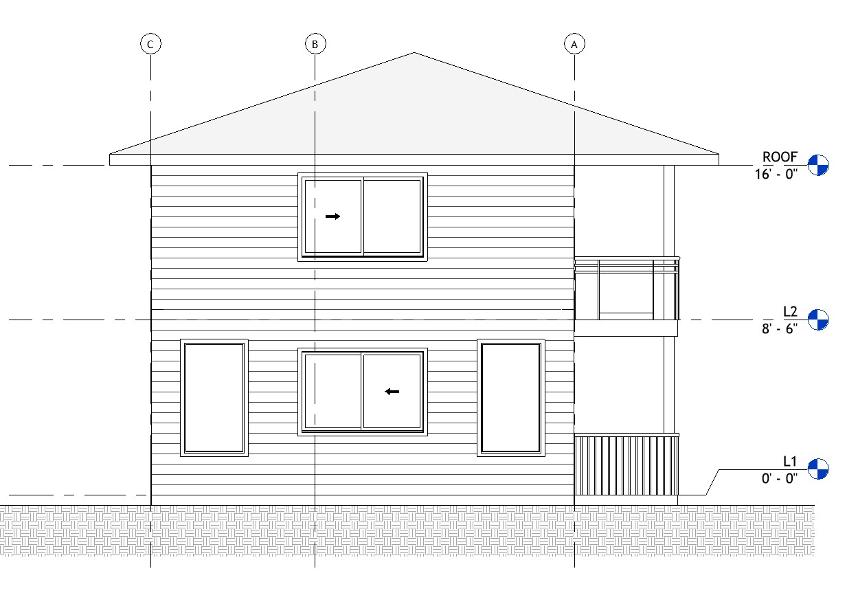 Right side elevation drawing of a 1158 sq ft 2-bedroom 2-story California ADU plan