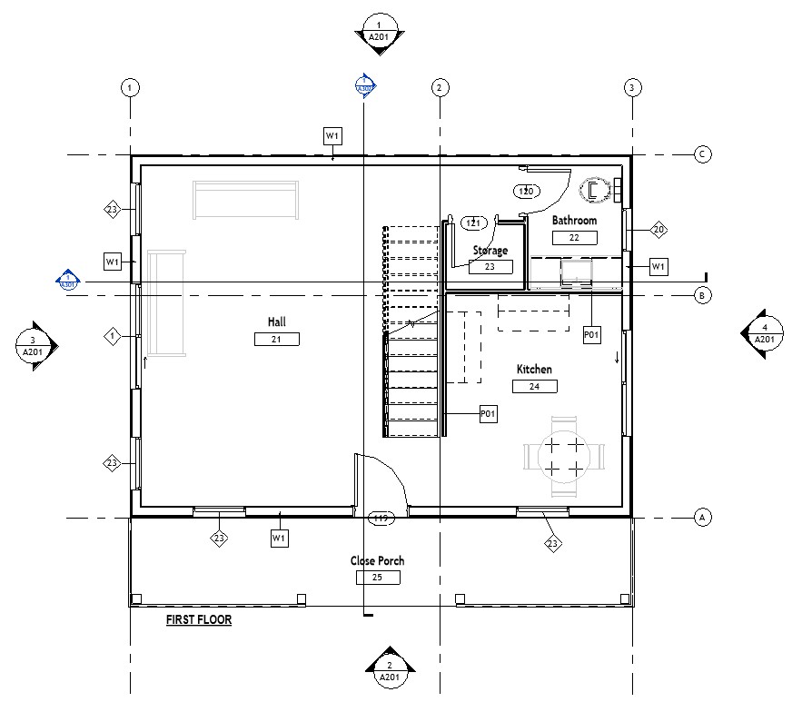 First floor plan of a 1158 sq ft 2-bedroom 2-story California ADU plan