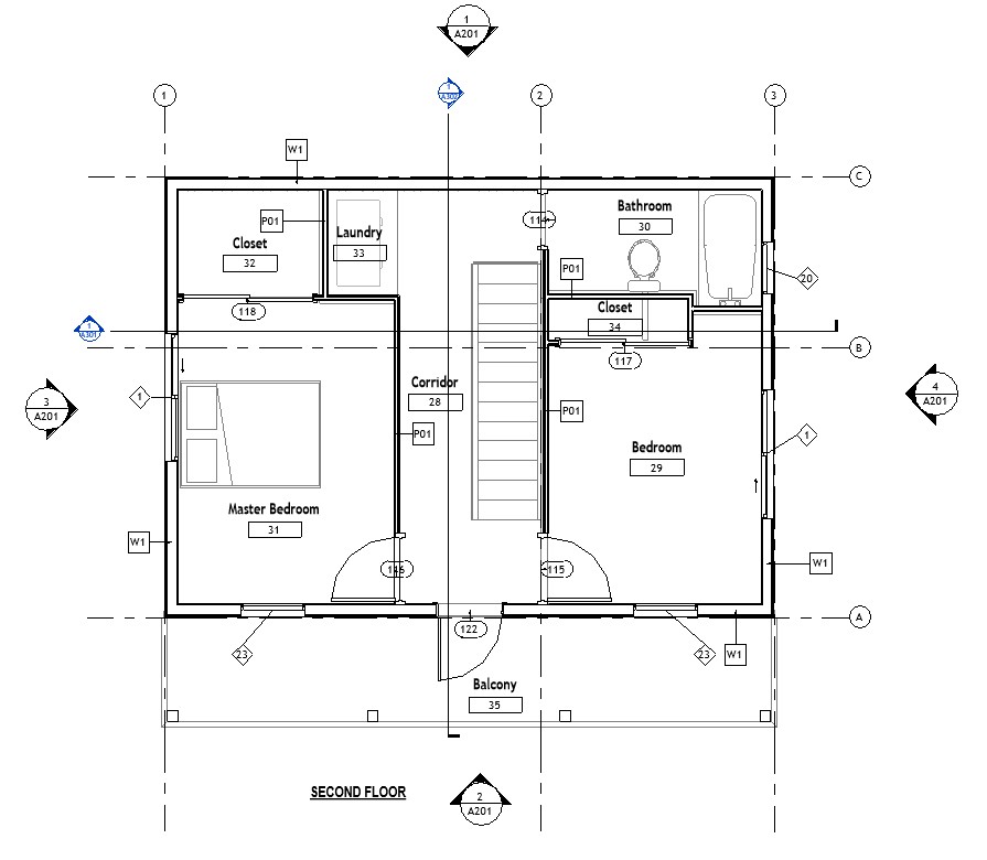 Second floor plan of a 1158 sq ft 2-bedroom 2-story California ADU plan