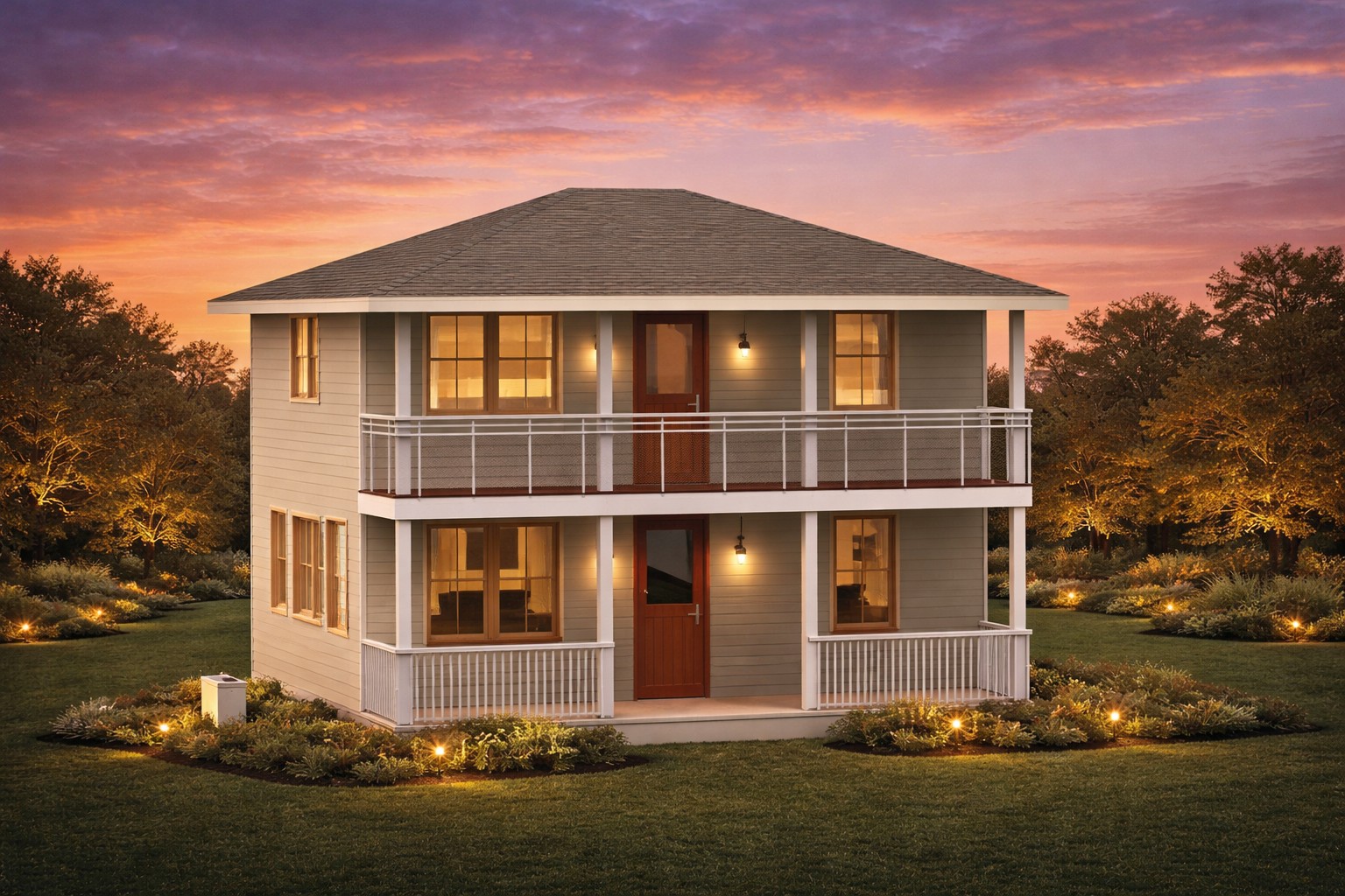 Front 3D isometric rendering of a 1158 sq ft 2-bedroom 2-story ADU plan in California