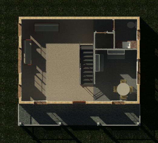 First floor interior cutaway showing wall partitions and layout of a 1158 sq ft 2-bedroom 2-story California ADU plan