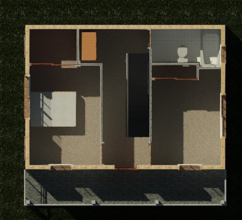 Second floor interior cutaway showing wall partitions and layout of a 1158 sq ft 2-bedroom 2-story California ADU plan
