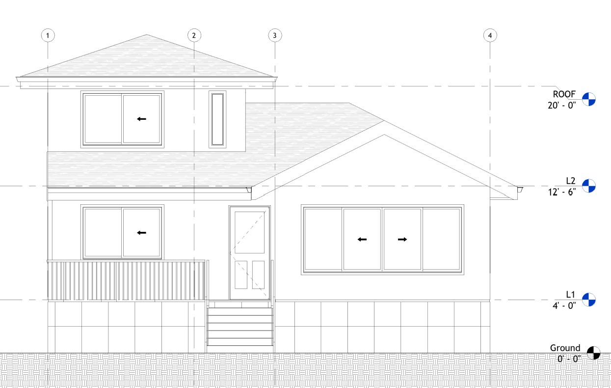 Front elevation drawing of a 1199 sq ft 2-bedroom 2-story California ADU plan