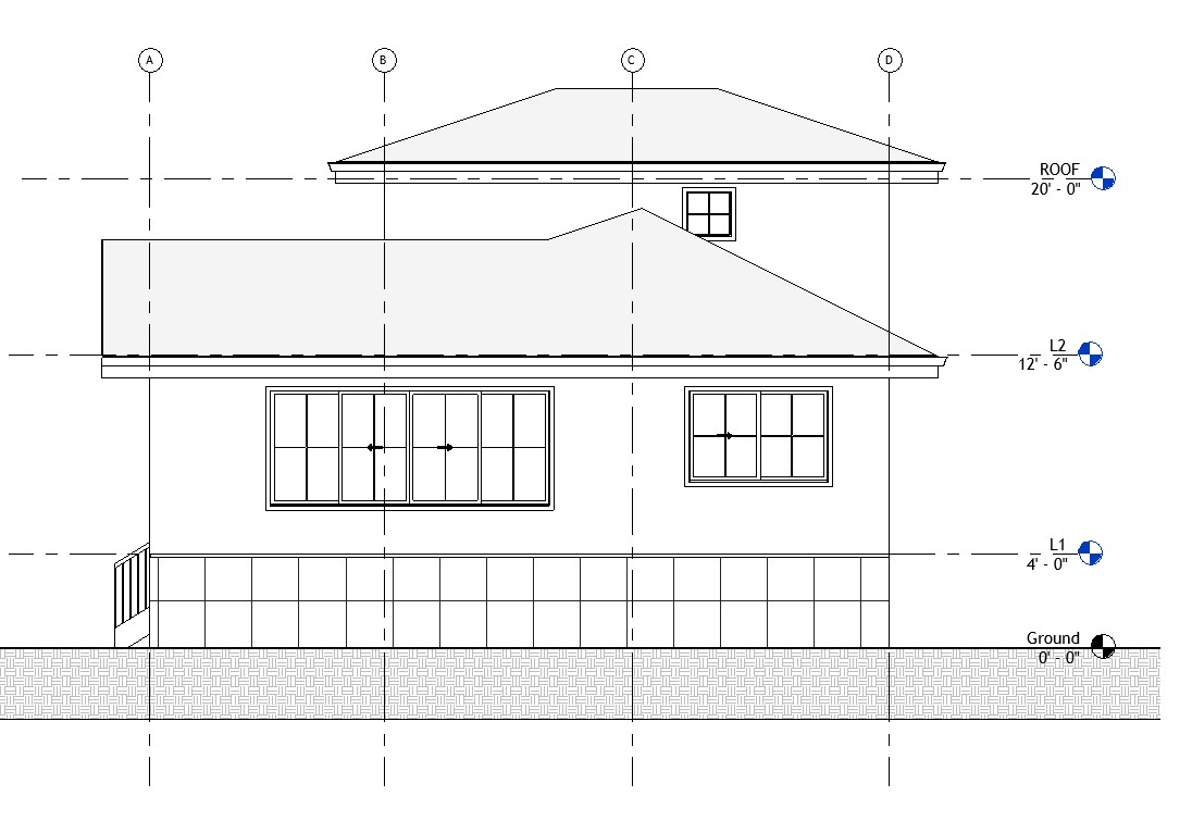 Left side elevation drawing of a 1199 sq ft 2-bedroom 2-story California ADU plan