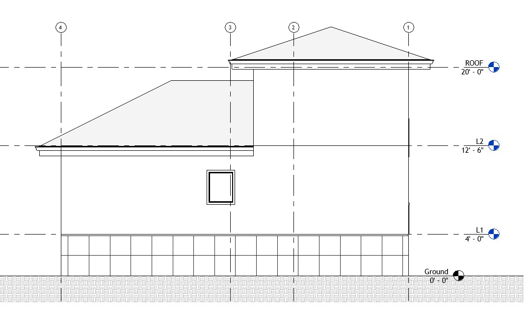 Rear elevation drawing of a 1199 sq ft 2-bedroom 2-story California ADU plan