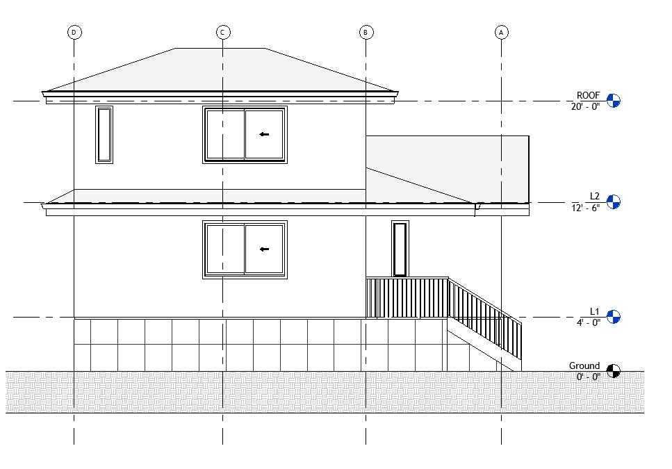 Right side elevation drawing of a 1199 sq ft 2-bedroom 2-story California ADU plan