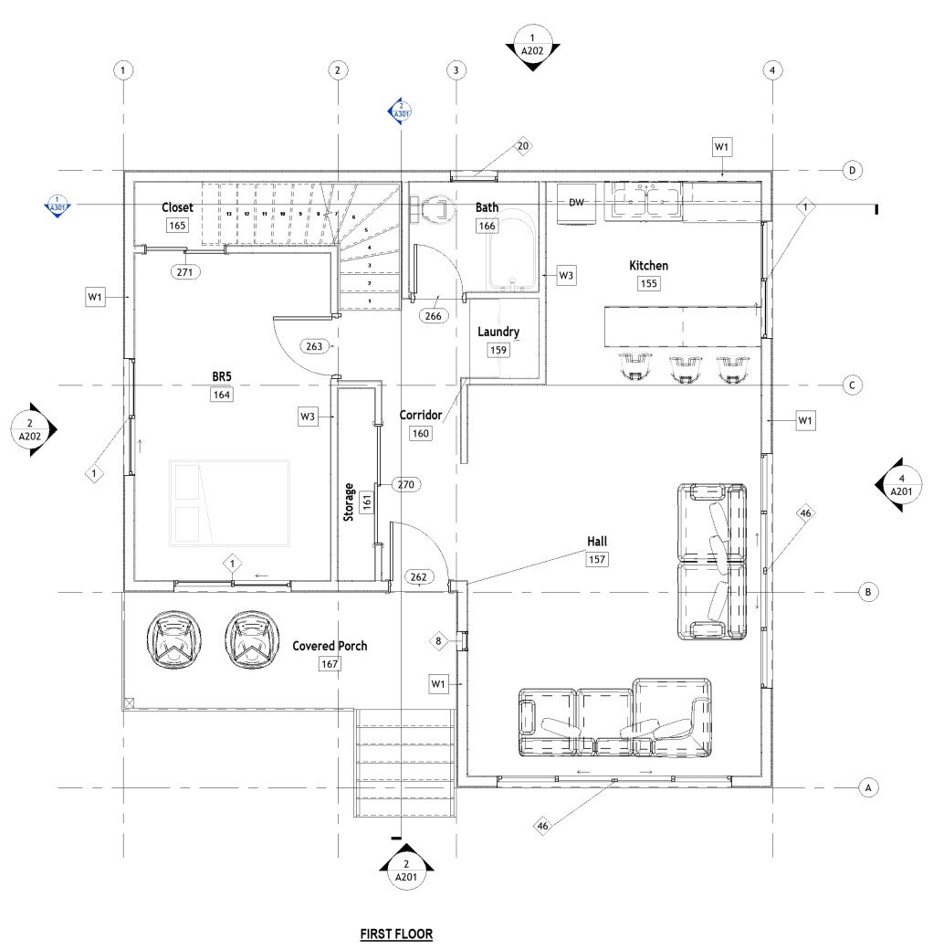 First floor plan of a 1199 sq ft 2-bedroom 2-story California ADU plan