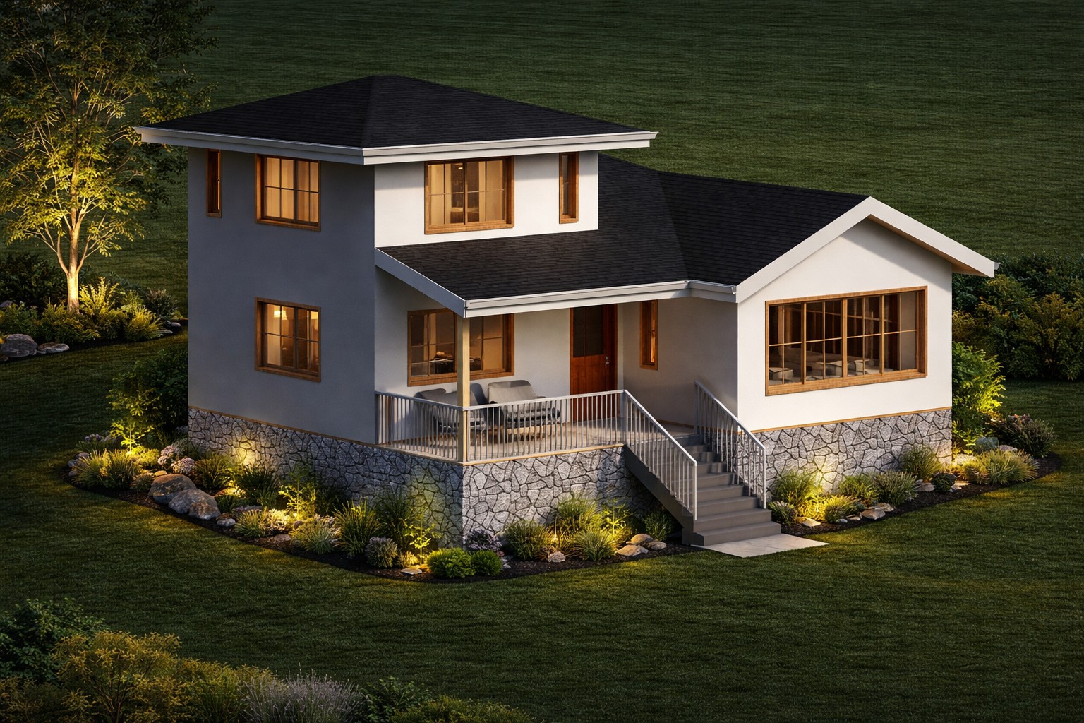 Front 3D isometric rendering of a 1199 sq ft 2-bedroom 2-story ADU plan in California