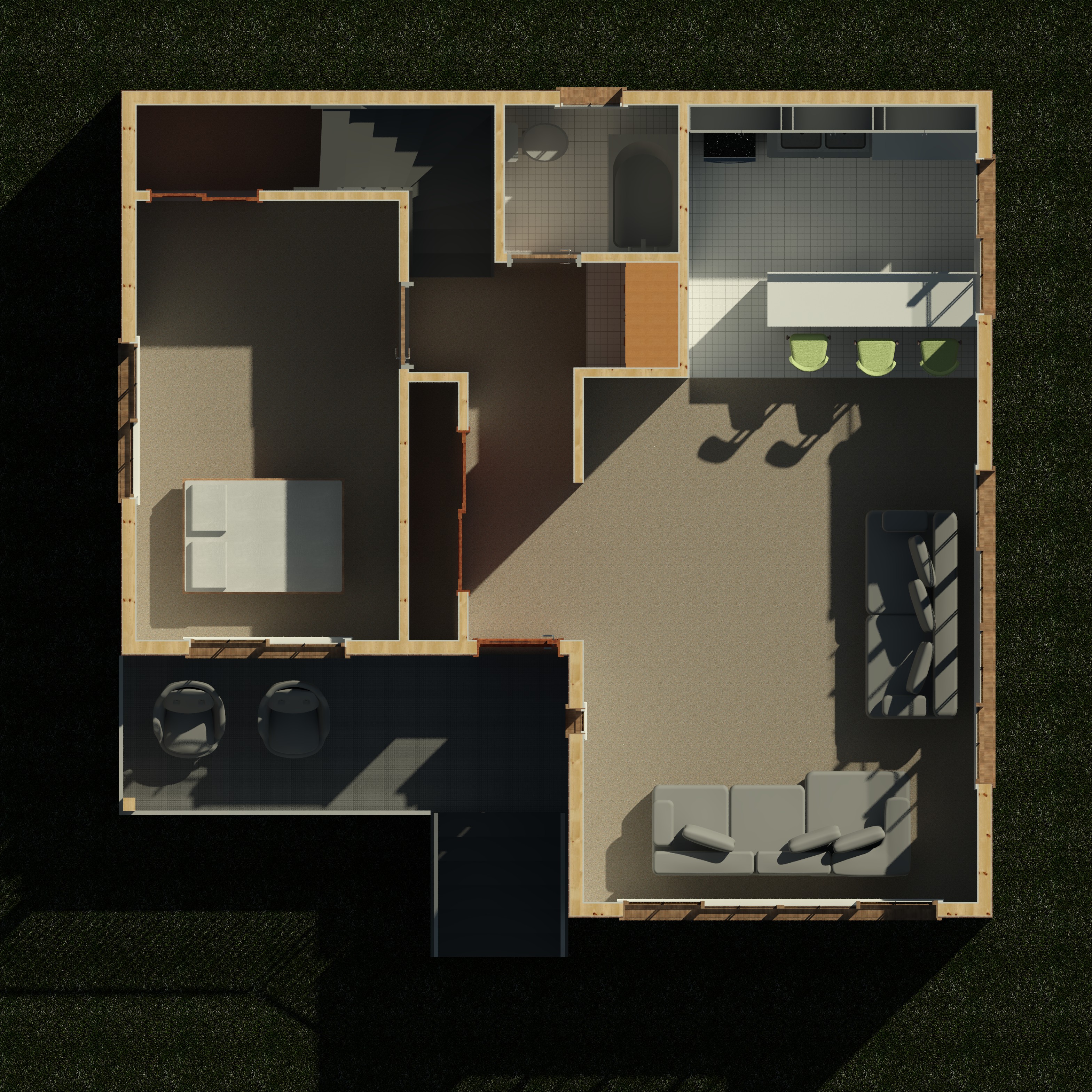 First floor interior cutaway showing wall partitions and layout of a 1199 sq ft 2-bedroom 2-story California ADU plan