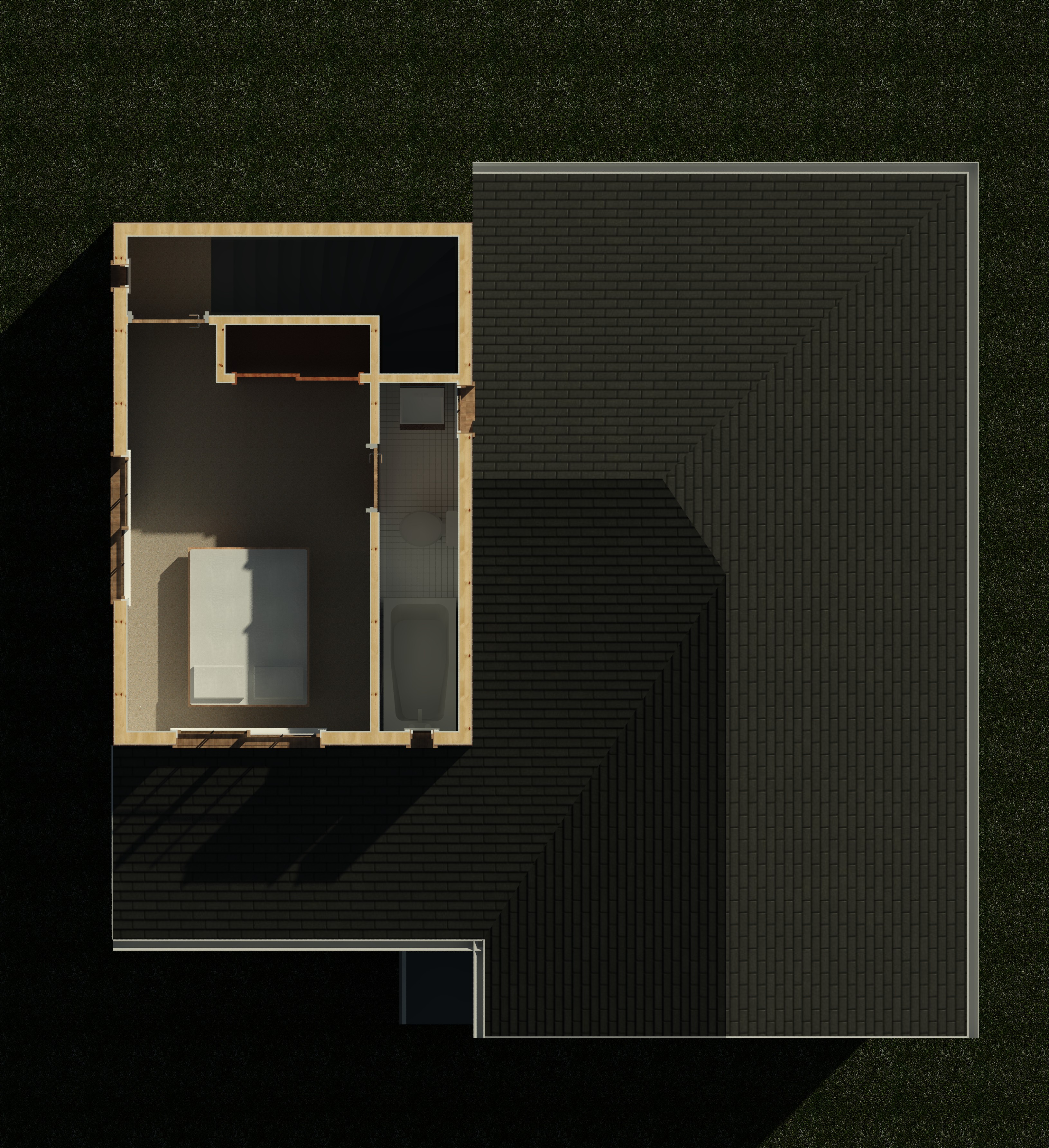 Second floor interior cutaway showing wall partitions and layout of a 1199 sq ft 2-bedroom 2-story California ADU plan