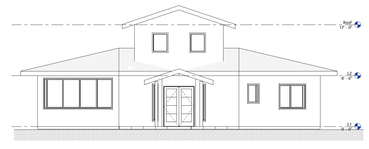Front elevation drawing of a 1200 sq ft 2-bedroom 2-story California ADU plan