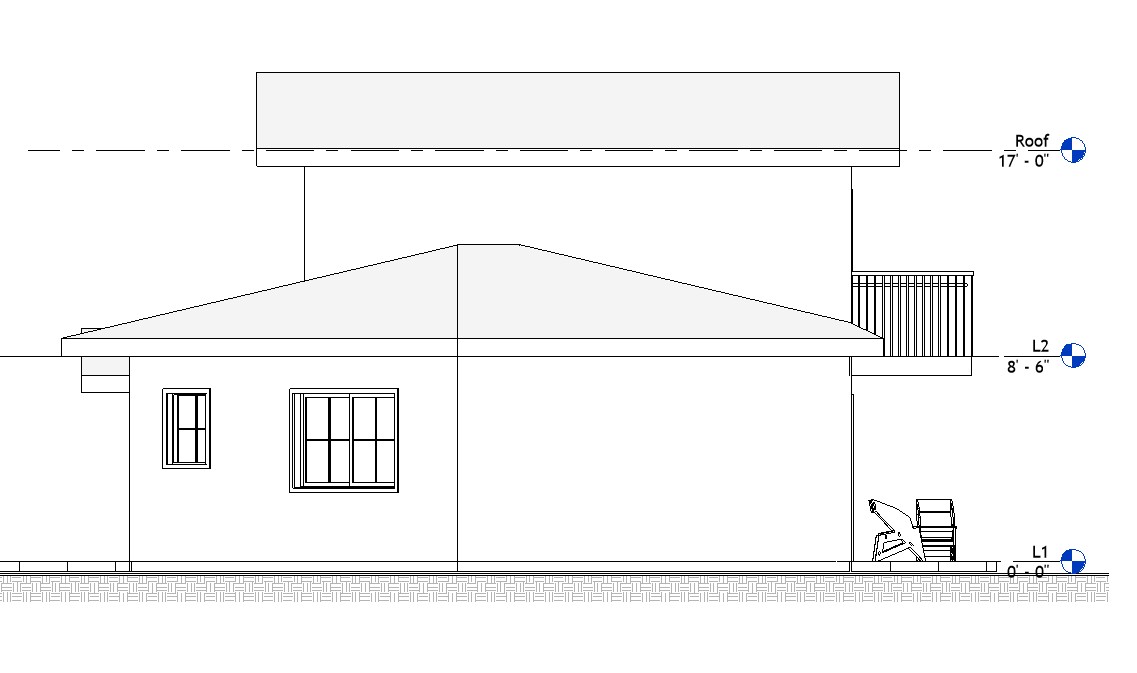Left side elevation drawing of a 1200 sq ft 2-bedroom 2-story California ADU plan