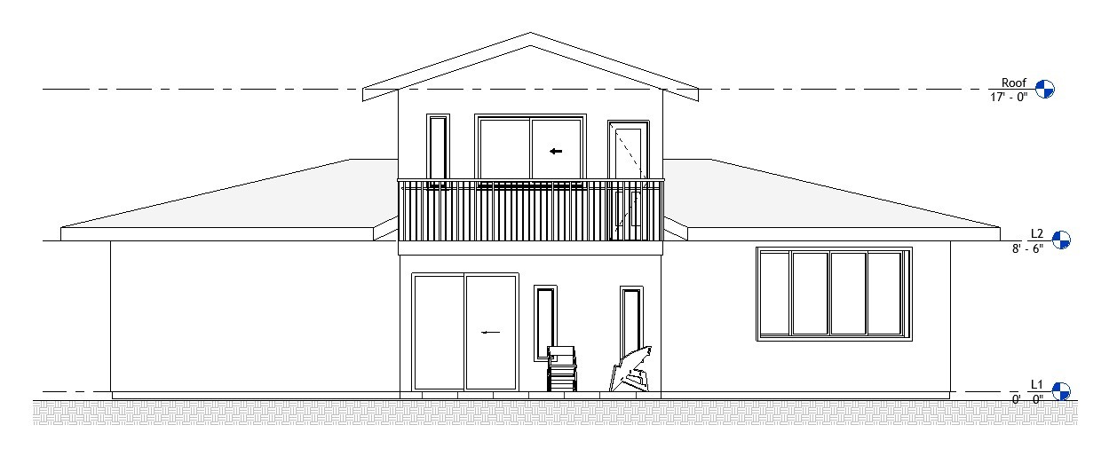 Rear elevation drawing of a 1200 sq ft 2-bedroom 2-story California ADU plan
