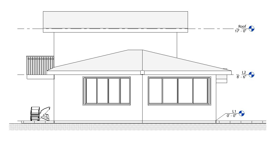 Right side elevation drawing of a 1200 sq ft 2-bedroom 2-story California ADU plan