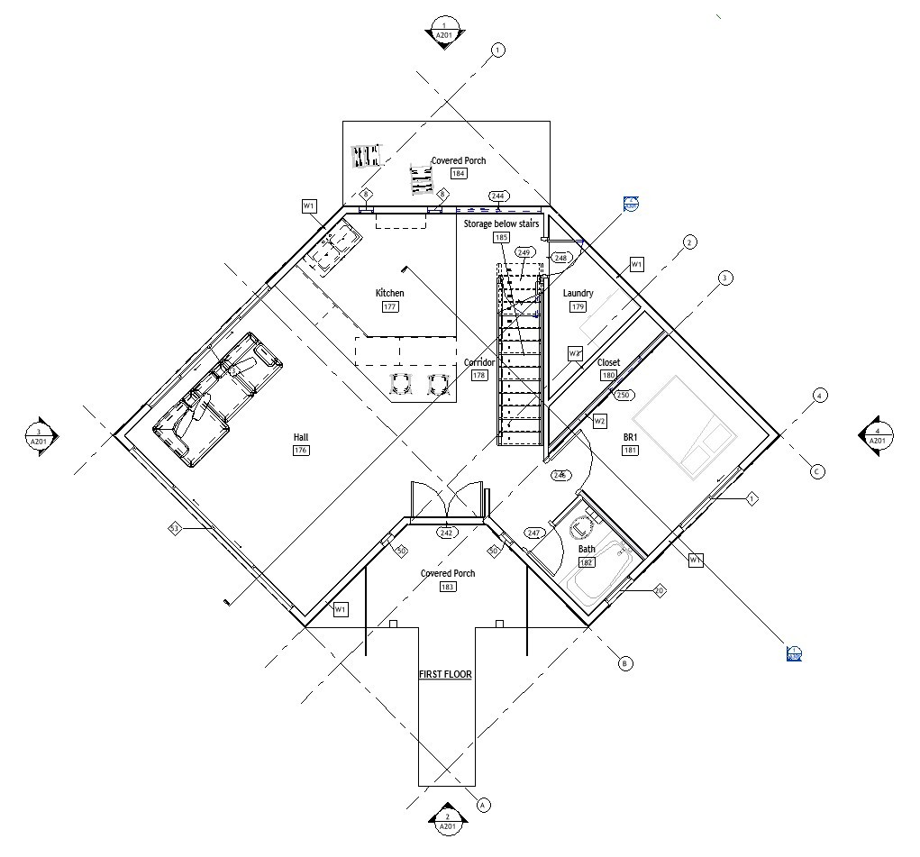 First floor plan of a 1200 sq ft 2-bedroom 2-story California ADU plan