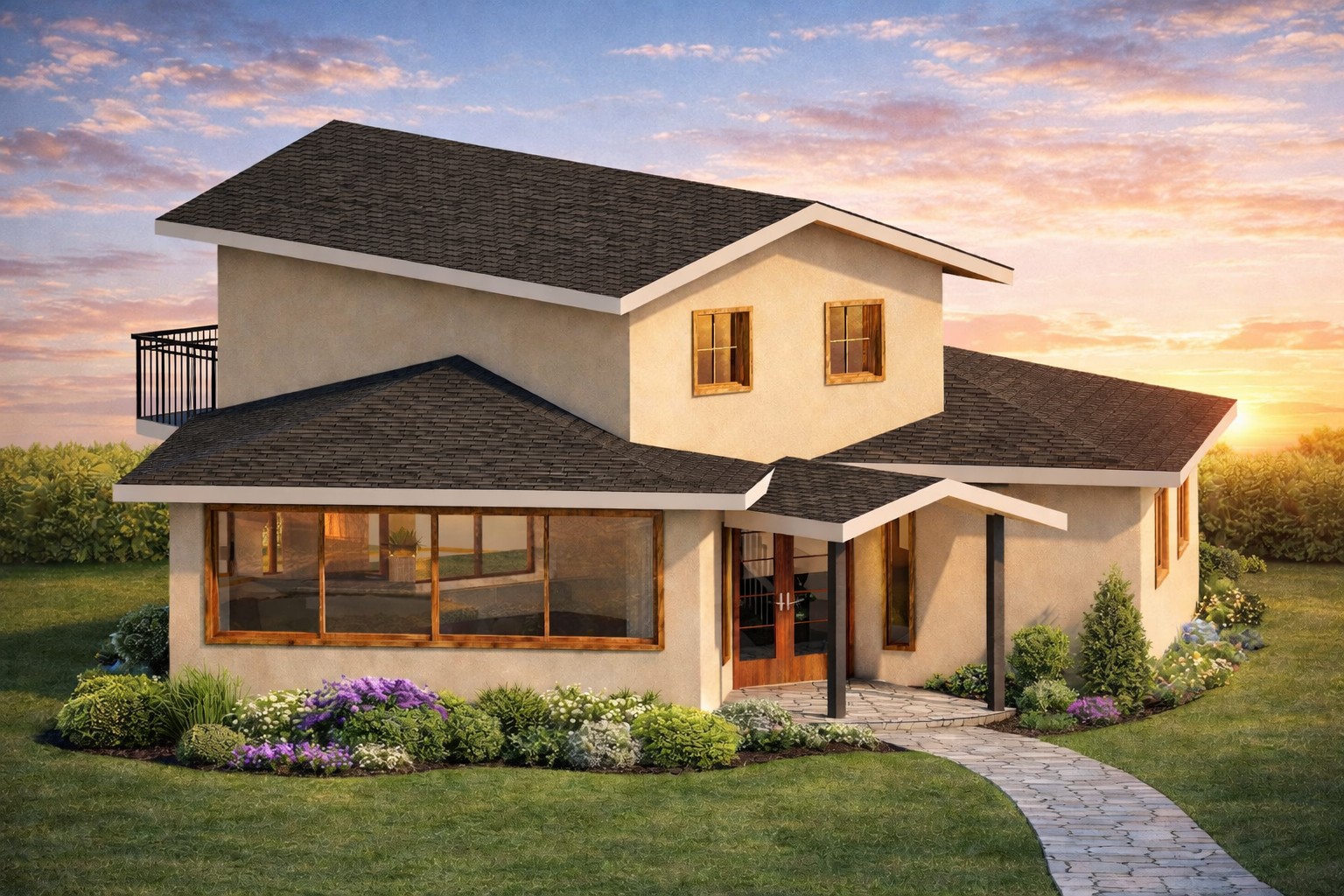 Front 3D isometric rendering of a 1200 sq ft 2-bedroom 2-story ADU plan in California