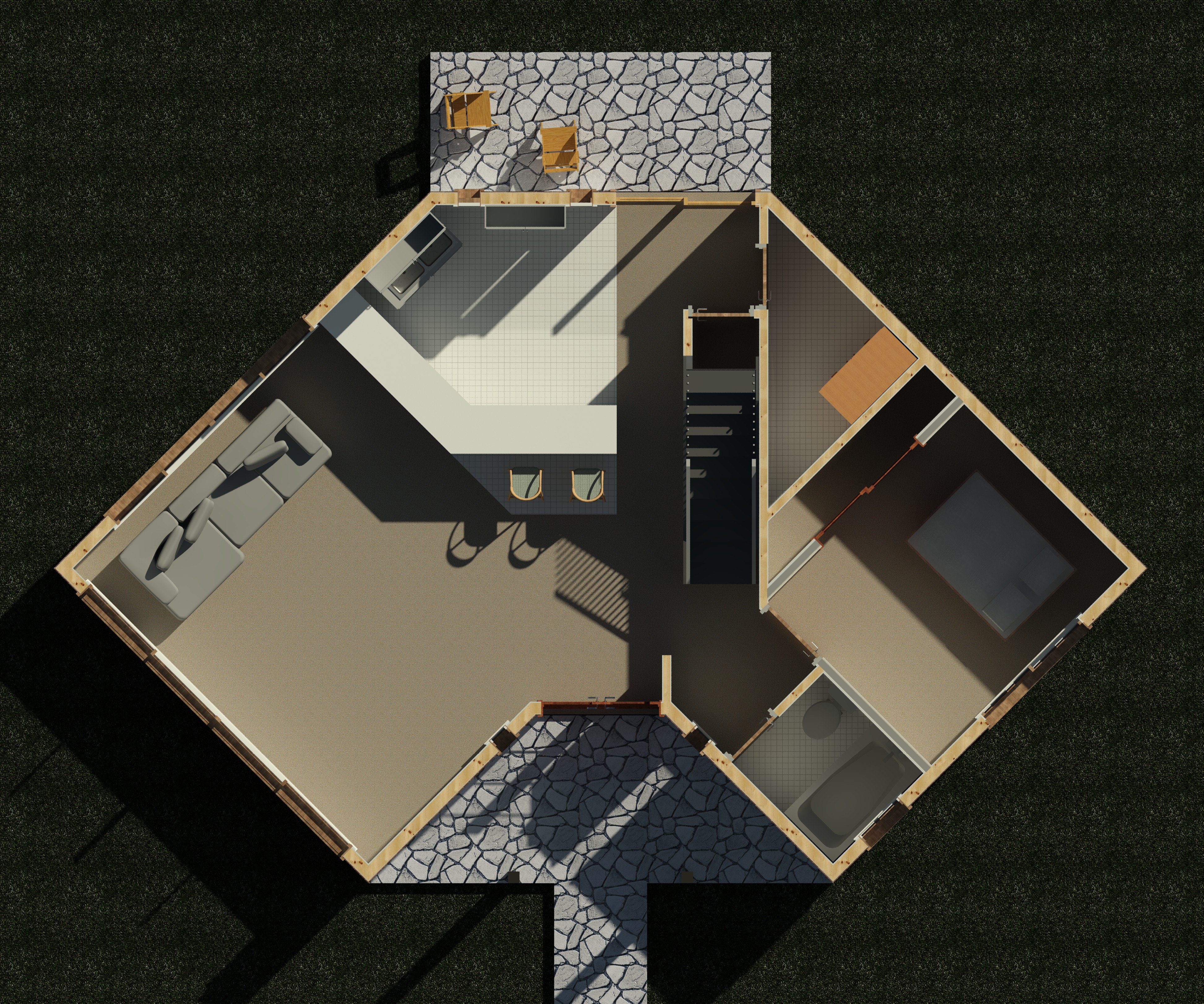 First floor interior cutaway showing wall partitions and layout of a 1200 sq ft 2-bedroom 2-story California ADU plan