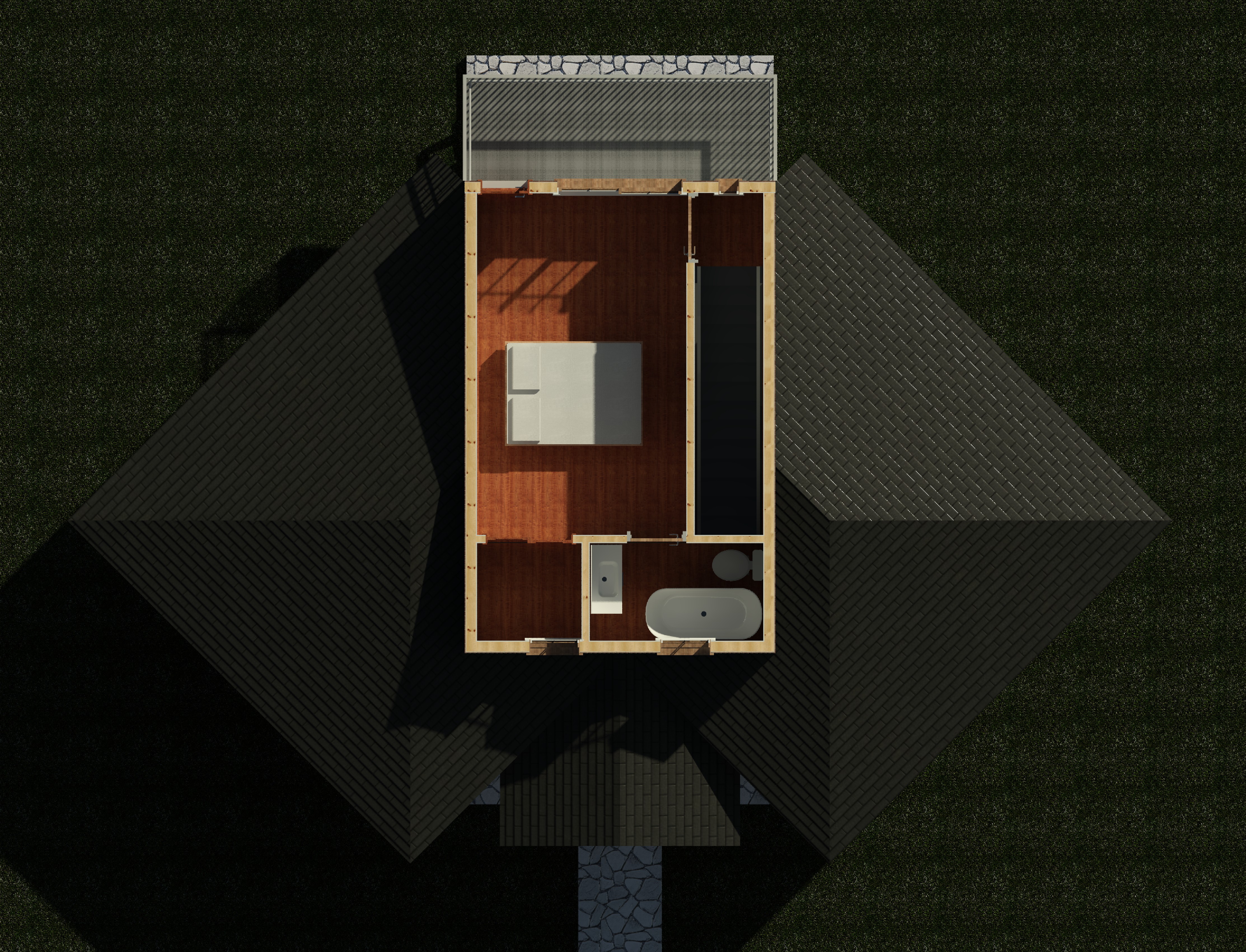 Second floor interior cutaway showing wall partitions and layout of a 1200 sq ft 2-bedroom 2-story California ADU plan