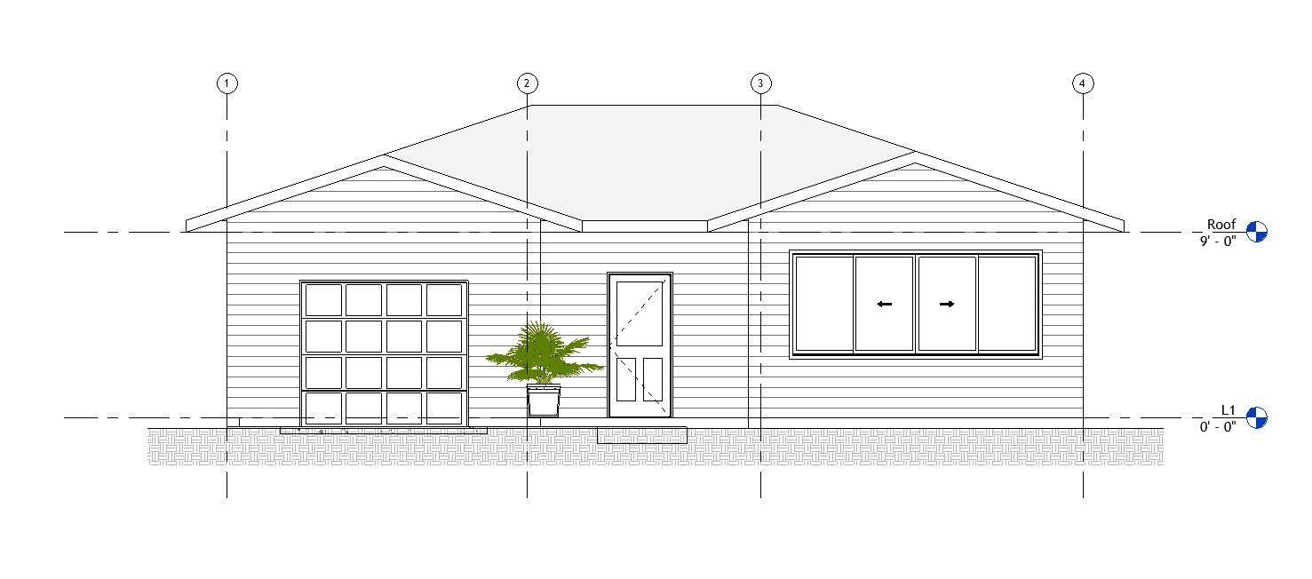 Front elevation drawing of a 1461 sq ft 1-story California house plan