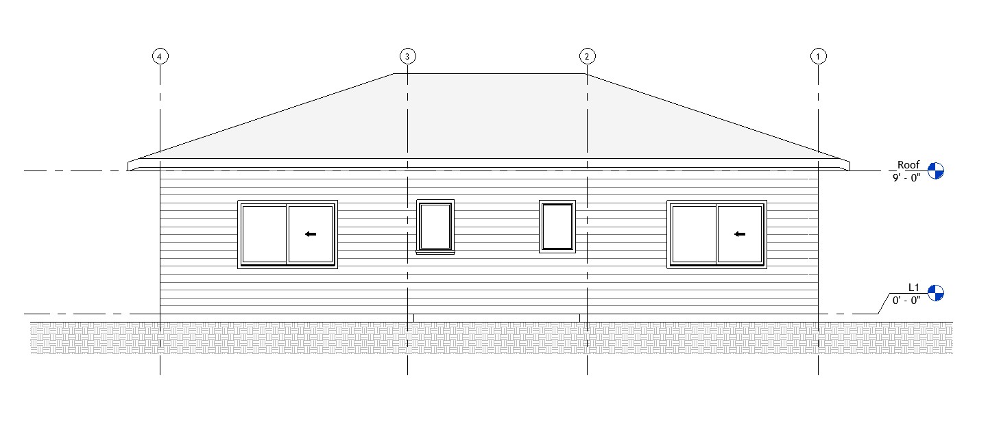 Rear elevation drawing of a 1461 sq ft 1-story California house plan