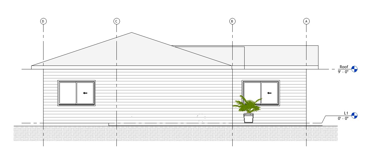 Side elevation drawing of a 1461 sq ft 1-story California house plan