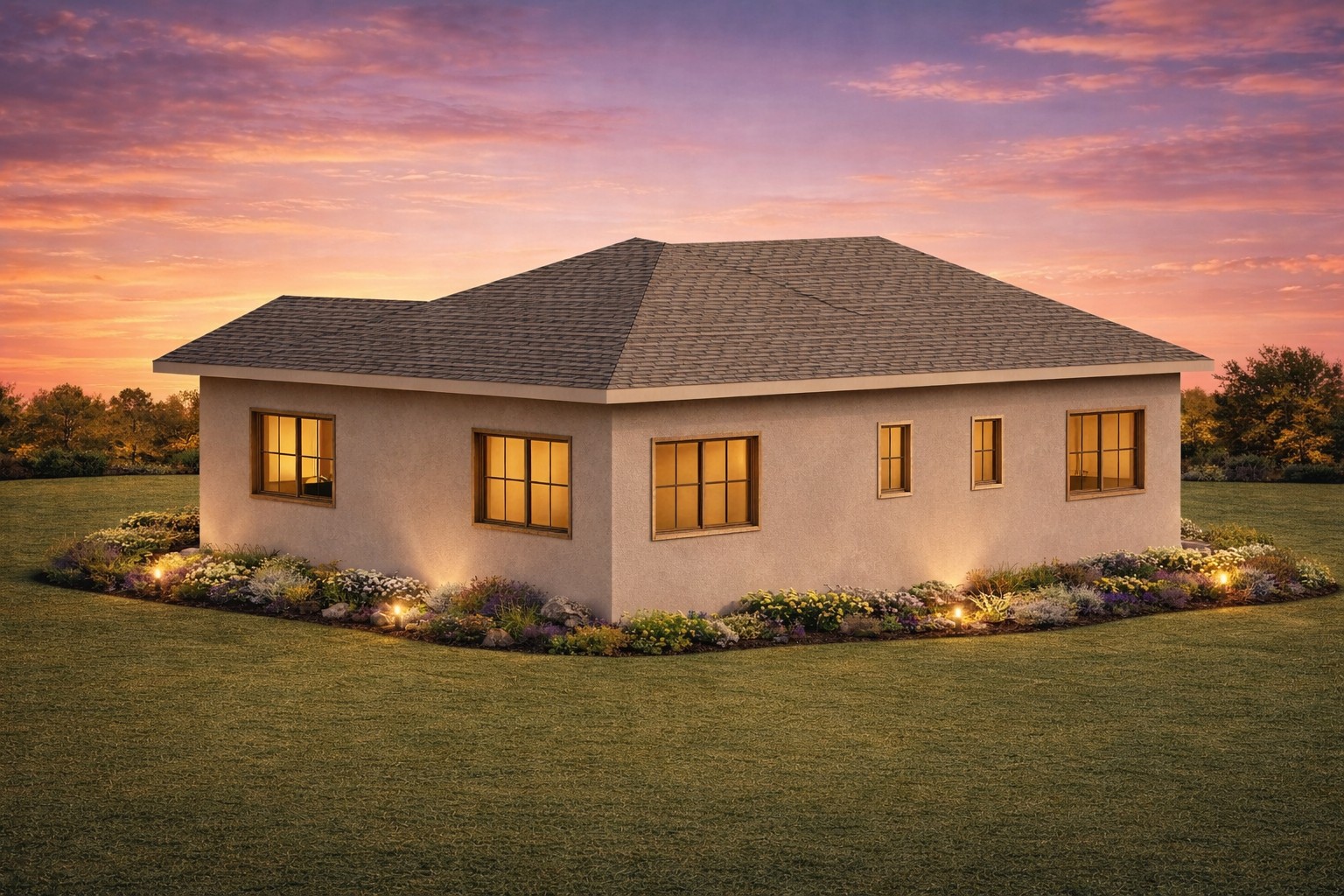 Exterior perspective view of a 1461 sq ft 2-bedroom California house plan