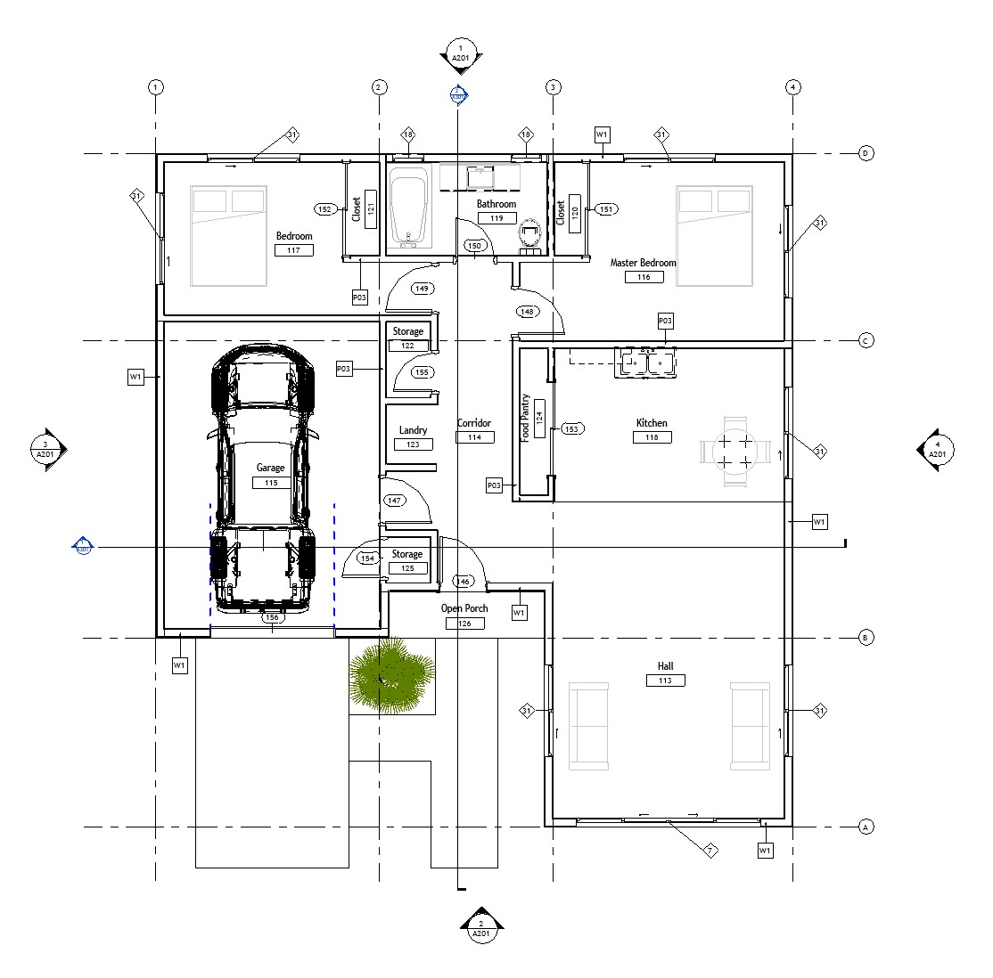 Floor plan layout of a 1461 sq ft 2-bedroom 1-story California house plan