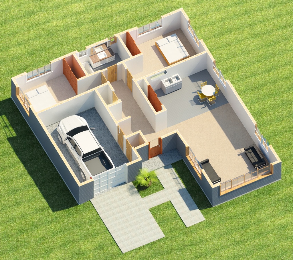 Isometric interior cutaway of a 1461 sq ft 2-bedroom California house plan