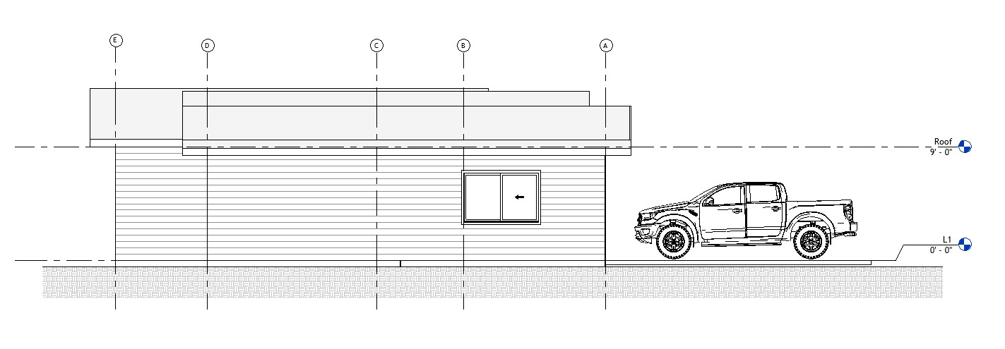 Left side elevation drawing of a 2039 sq ft 1-story California house plan