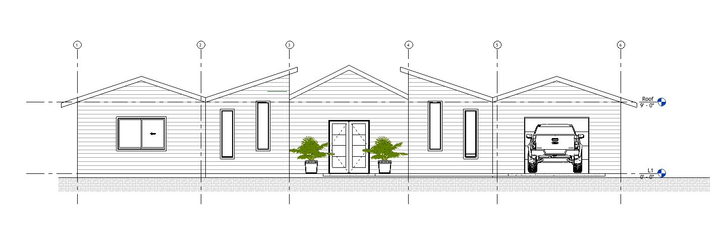 Rear elevation drawing of a 2039 sq ft 1-story California house plan