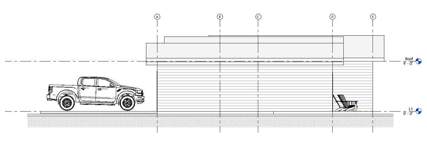 Right side elevation drawing of a 2039 sq ft 1-story California house plan