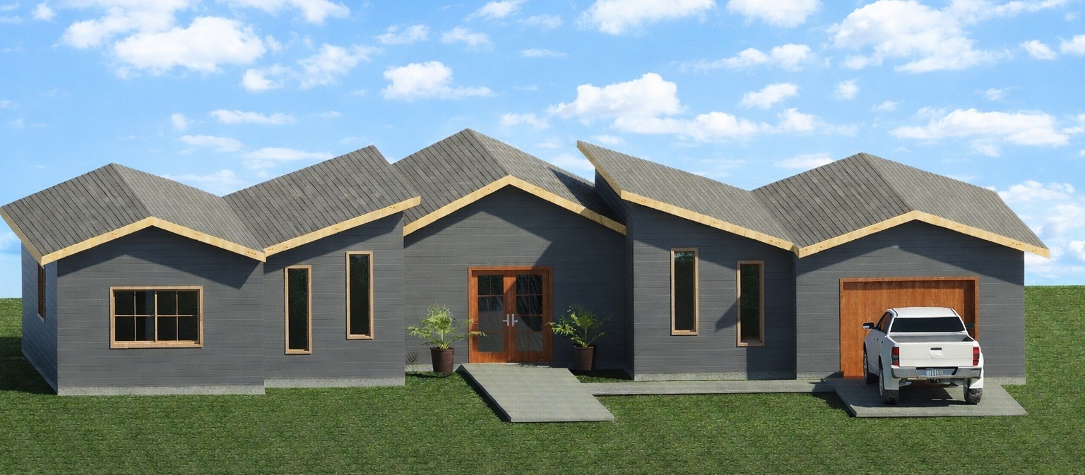 Exterior perspective view of a 2039 sq ft 4-bedroom California house plan