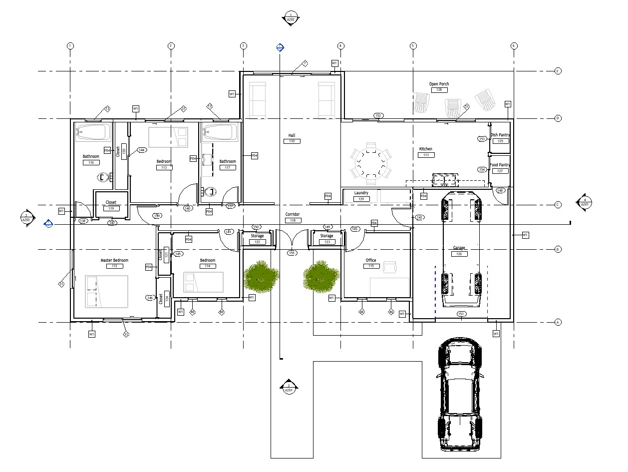 Floor plan layout of a 2039 sq ft 4-bedroom 1-story California house plan