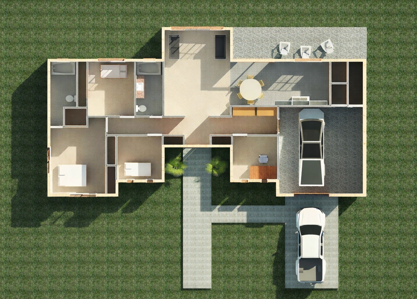 Isometric interior cutaway of a 2039 sq ft 4-bedroom California house plan