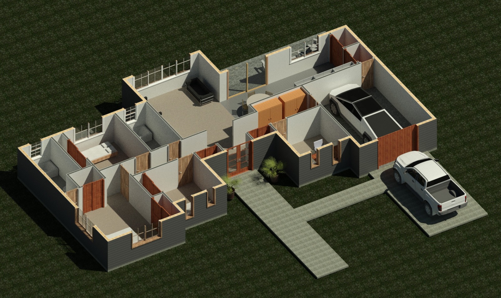 Interior cutaway showing wall partitions of a 2039 sq ft 4-bedroom California house plan