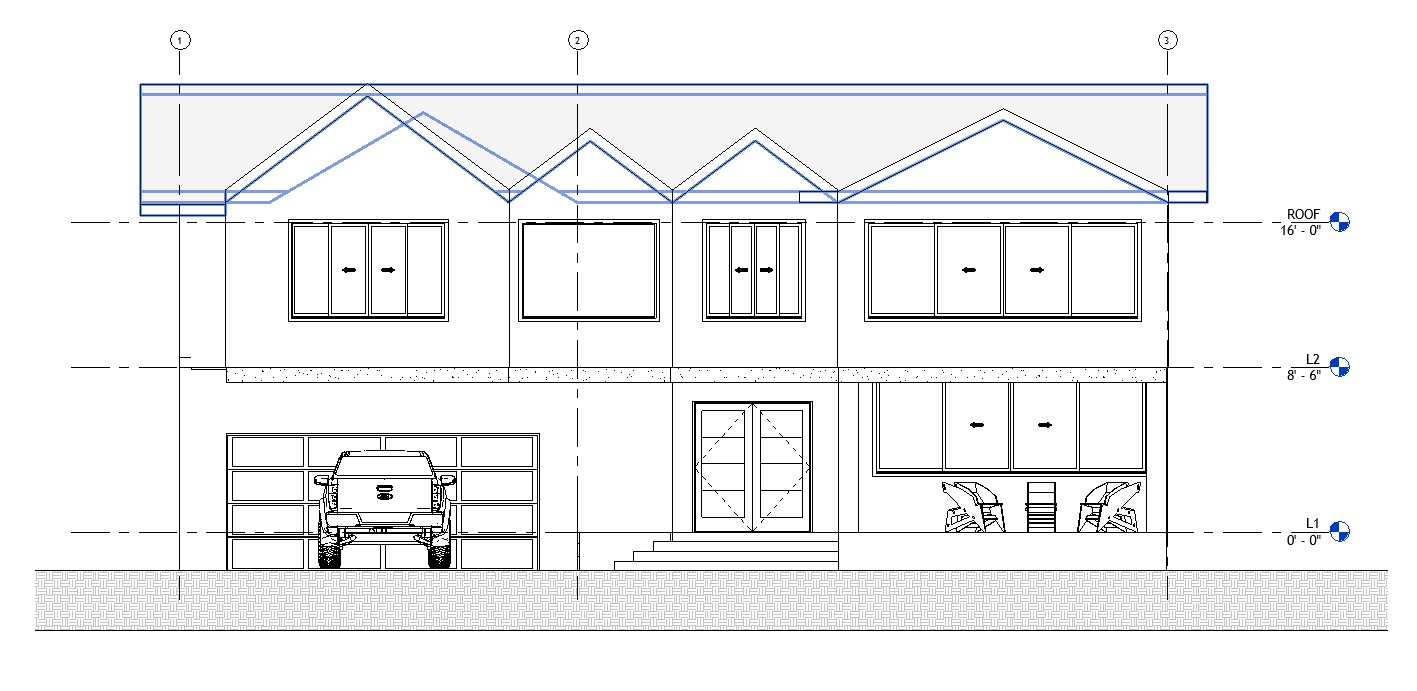 Front elevation drawing of a 2681 sq ft 2-story California house plan