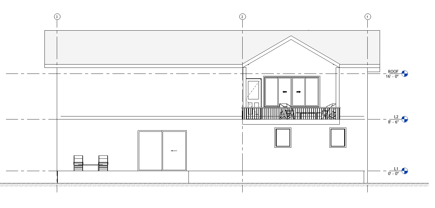 Left side elevation drawing of a 2681 sq ft 2-story California house plan